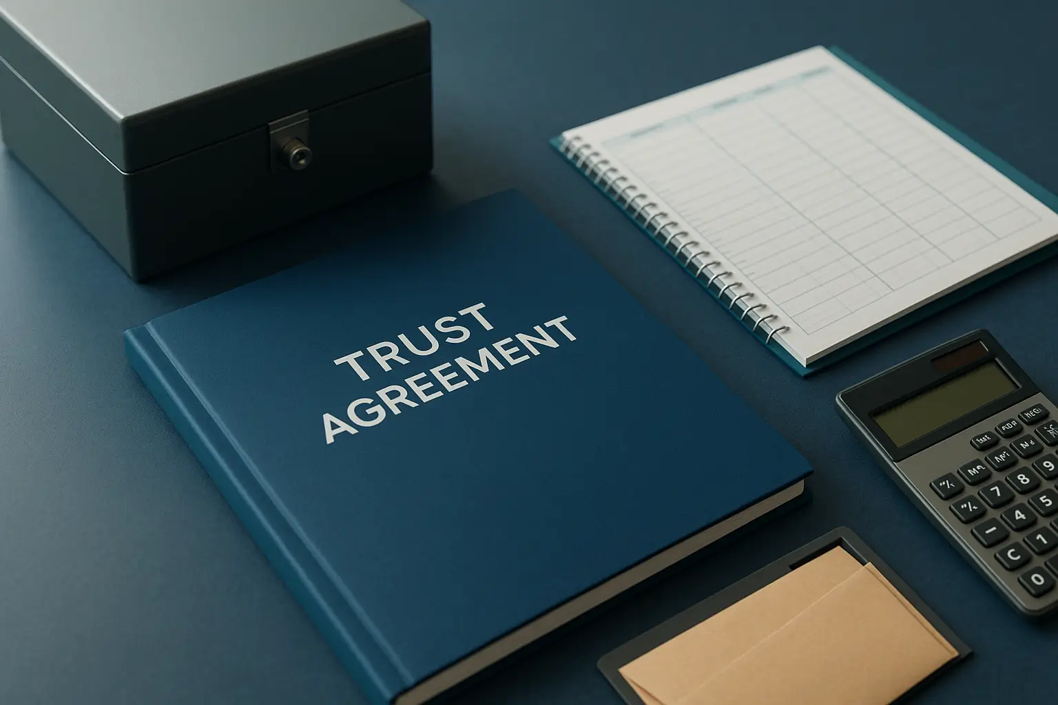 PA Probate Help image showing trust agreement folder secure document box ledger and calculator symbolizing trust management for large inheritance for minor children in Pennsylvania