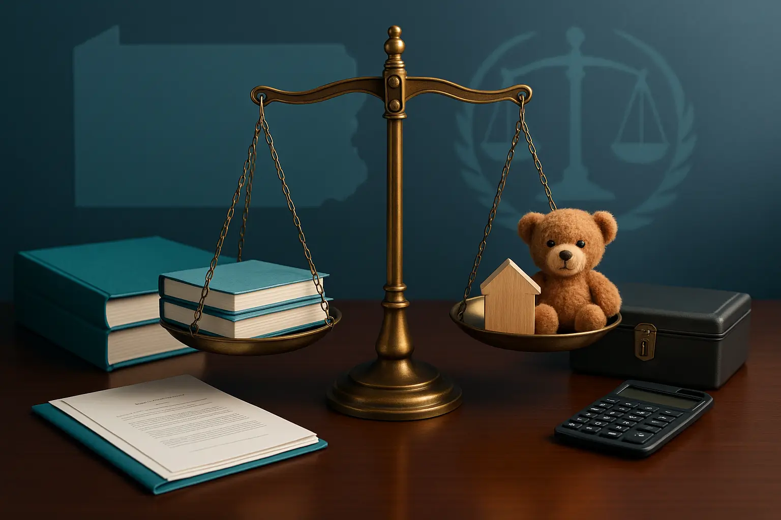 PA Probate Help image showing balanced legal scale with estate documents on one side and child support symbols like teddy bear and house block on the other representing minor children support during Pennsylvania probate