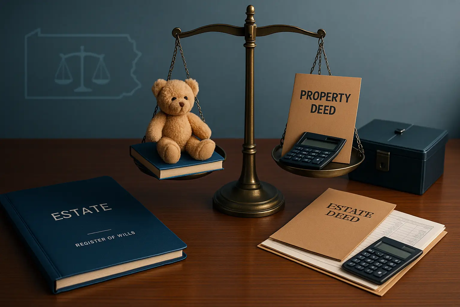 PA Probate Help image showing legal scale with childrens support items on one side and estate preservation documents on the other representing executor duty to protect estate assets while providing for minor children in Pennsylvania probate