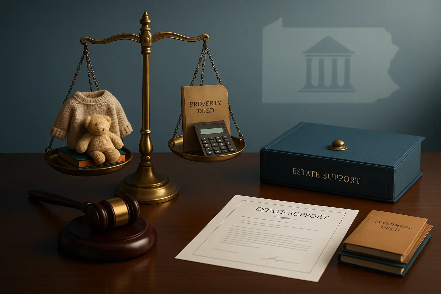 PA Probate Help image of legal balance scale with childrens support items on one side and estate preservation documents on the other representing Pennsylvania courts prioritizing childrens needs during estate administration