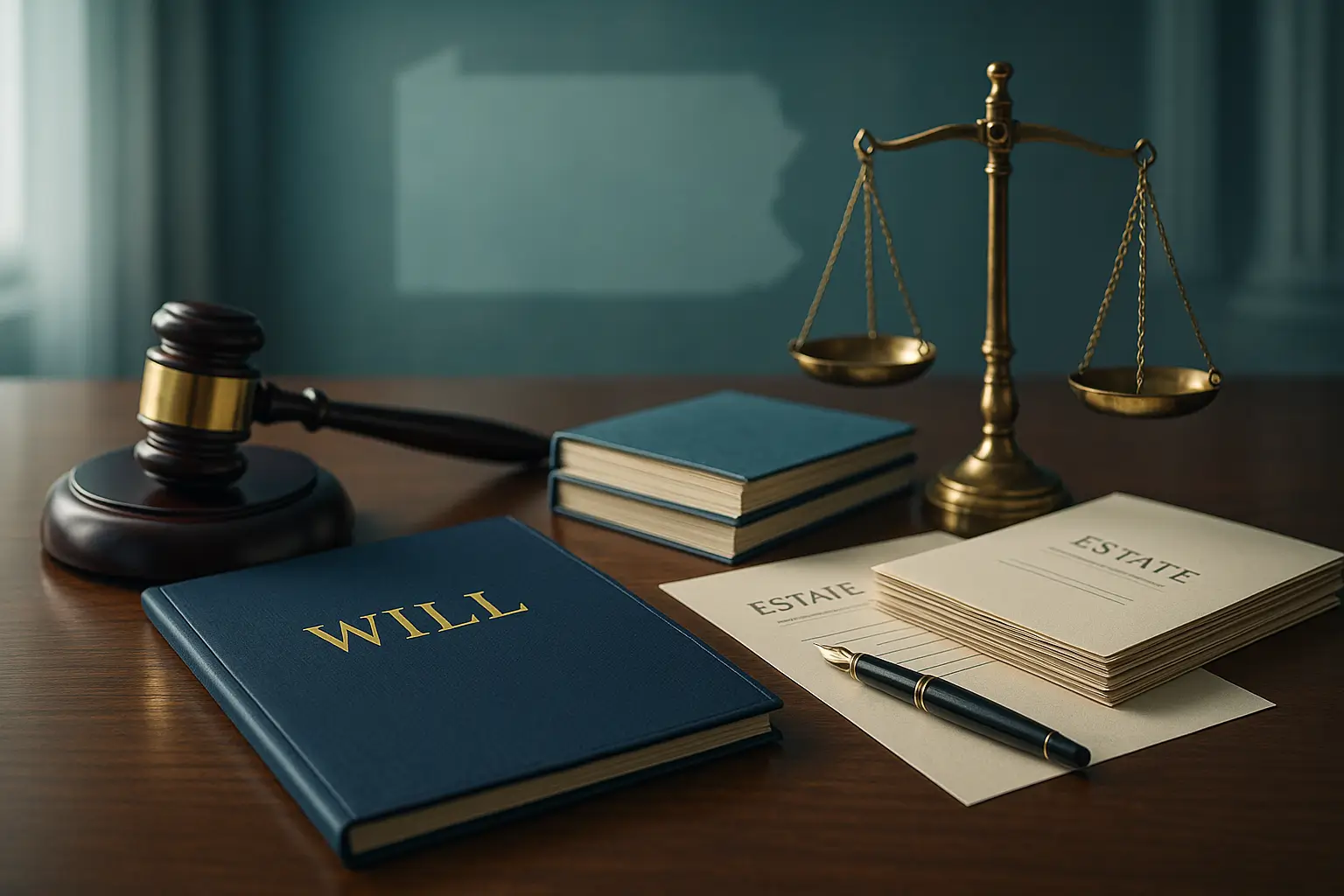 PA Probate Help image showing legal desk with will folder gavel and justice scale representing Pennsylvania will and estate law guidance