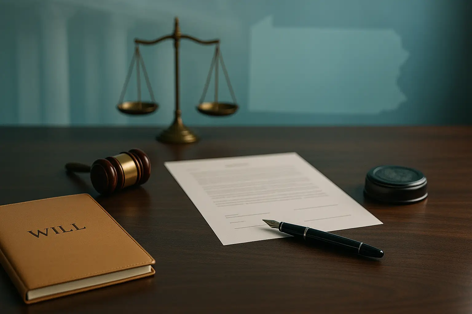 PA Probate Help image showing legal desk with will folder signature pen notary seal and Pennsylvania courthouse elements representing will validity requirements
