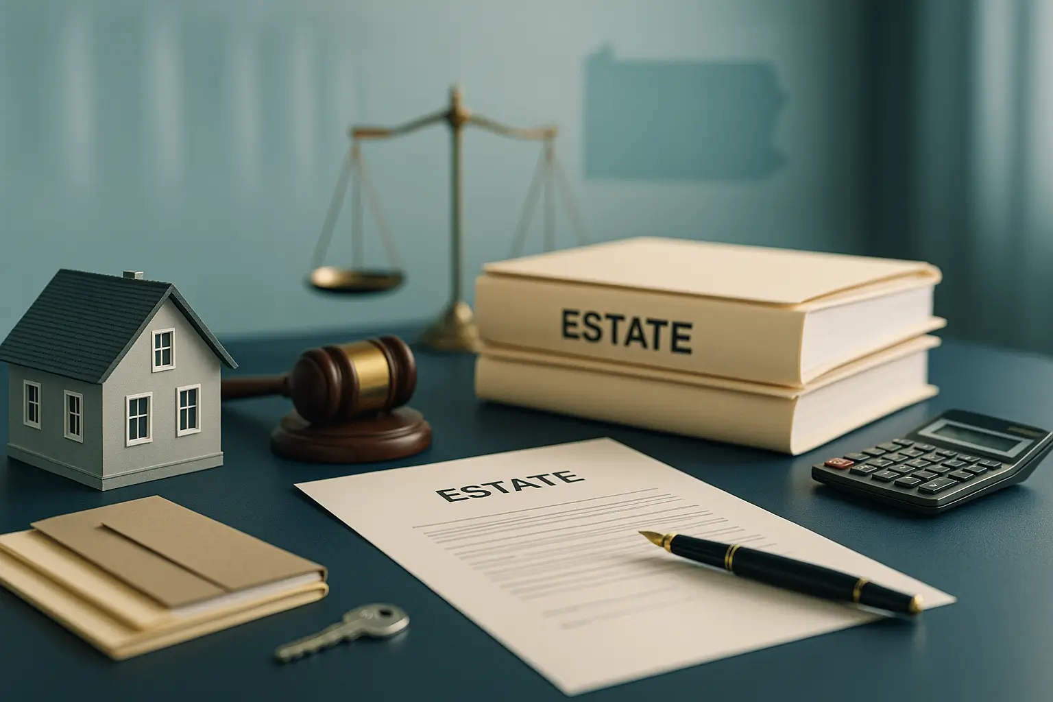 PA Probate Help image showing legal desk with house model estate folders calculator balance scale and Pennsylvania courthouse backdrop representing executor authority and responsibilities in Pennsylvania