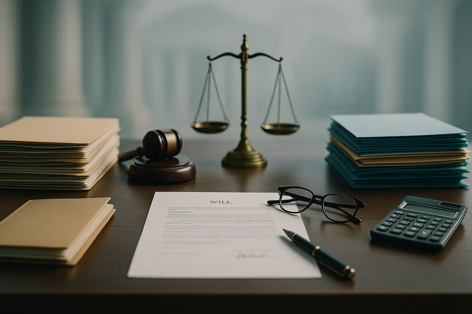 PA Probate Help image showing legal desk with opposing document stacks gavel and balance scale in front of a subtle Pennsylvania courthouse backdrop representing contesting and challenging wills in Pennsylvania