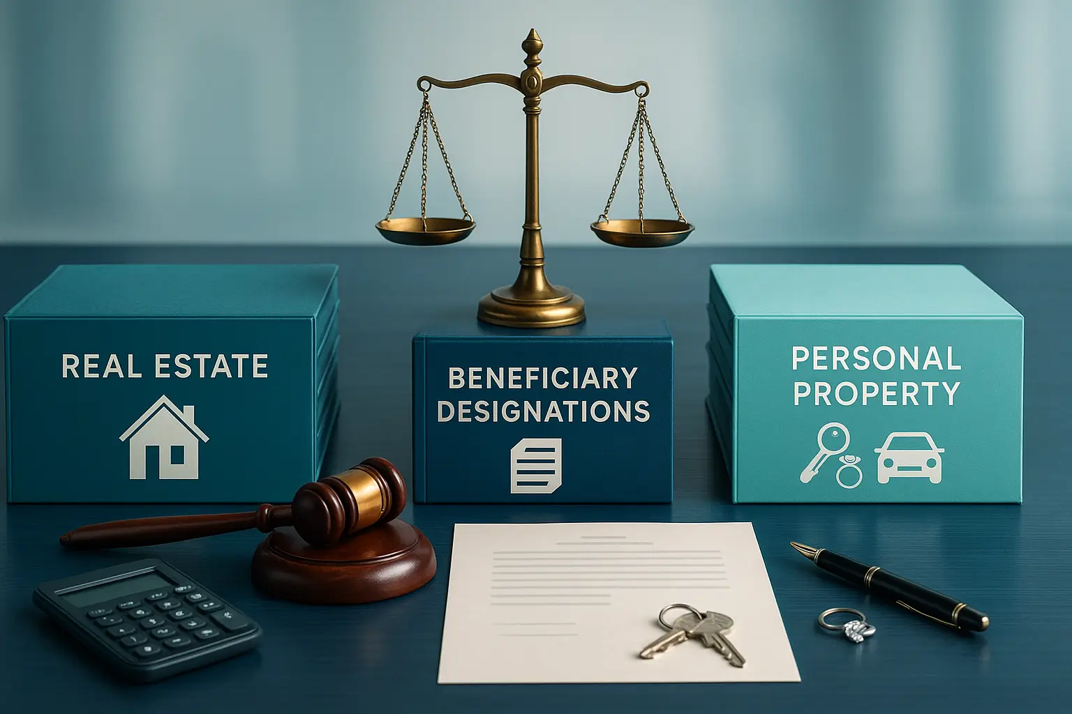 PA Probate Help image showing legal desk with property folders balance scale and subtle Pennsylvania courthouse backdrop representing estate property and asset questions