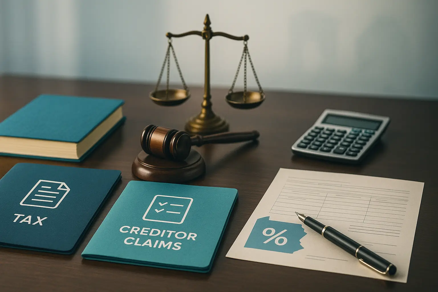 PA Probate Help image showing legal desk with tax folder creditor claims ledger calculator and balance scale representing estate financial and tax questions