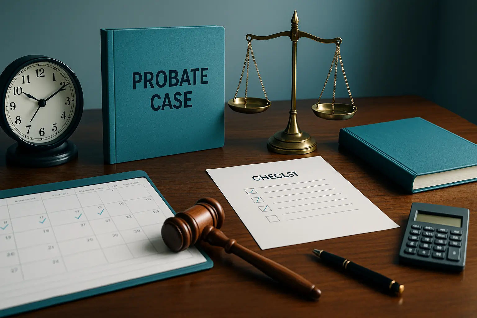 PA Probate Help legal desk image showing calendar clock probate file checklist and balance scale symbolizing Pennsylvania probate timeline and process steps
