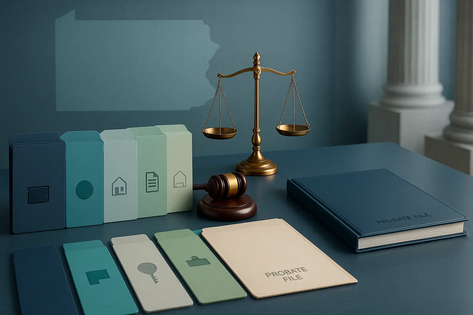 PA Probate Help legal desk image showing five county folders Pennsylvania map outline probate file and balance scale representing county specific probate procedures
