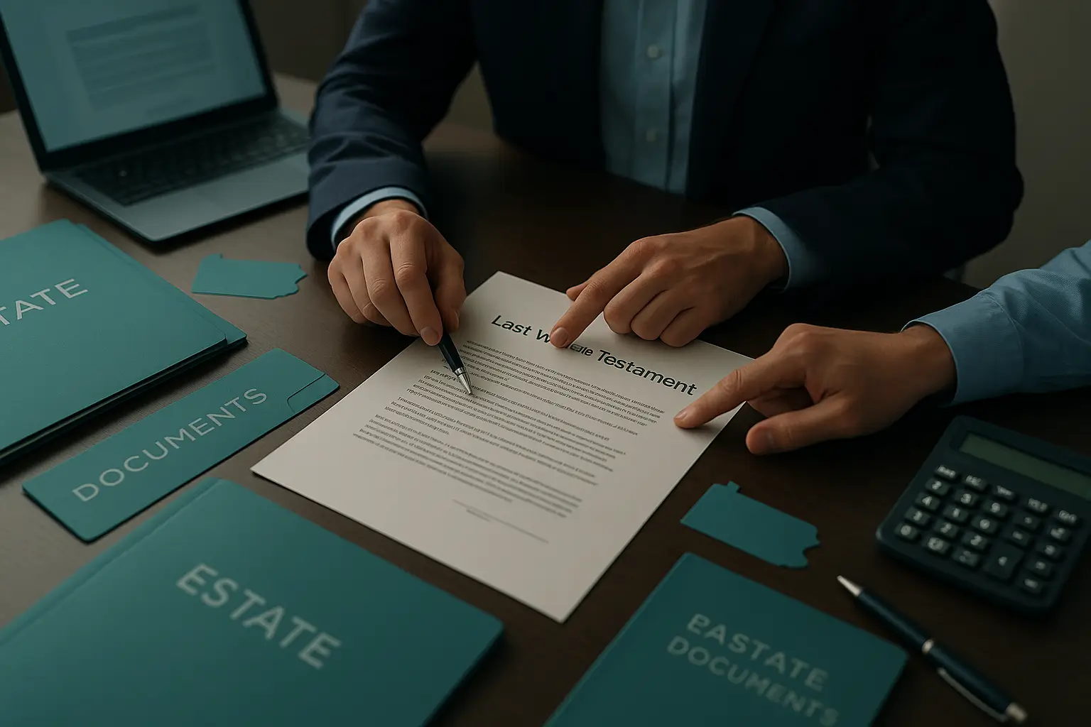 Editorial image of a contested will review showing hands of an executor and probate advisor examining estate documents on a desk with teal and deep blue PA Probate Help branding folders, calculator, and Pennsylvania shaped tab.