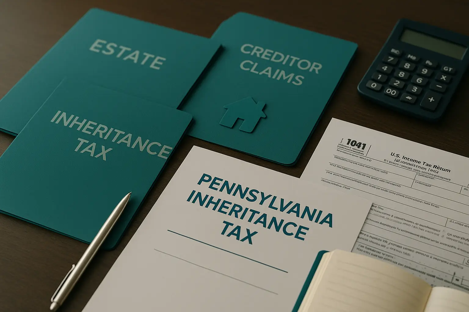 Editorial style image showing Pennsylvania probate tax folders, calculator, documents, and a teal miniature house arranged on a desk, representing payments and taxes assistance provided by Certified Probate Real Estate Specialist Joe Thomas.