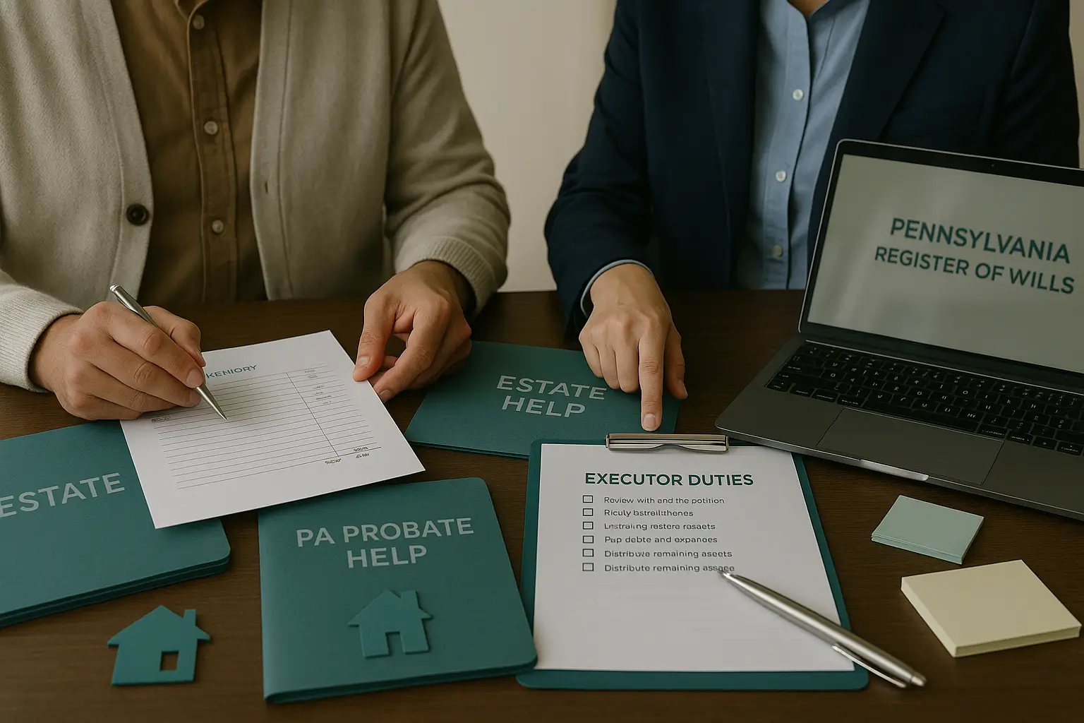 Editorial image of an executor workspace with Pennsylvania probate documents, teal and deep blue estate folders, a laptop, and hands reviewing paperwork to represent executor support services from Certified Probate Real Estate Specialist Joe Thomas.