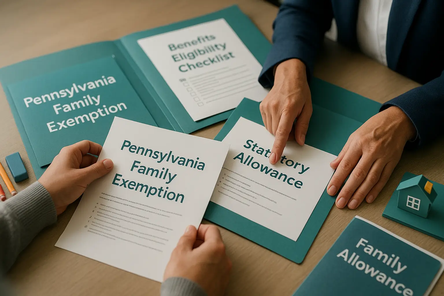 Editorial image showing Pennsylvania probate documents, teal and deep blue estate folders, a Family Allowance form, and hands reviewing paperwork to represent guidance on provisions for children and surviving family members.