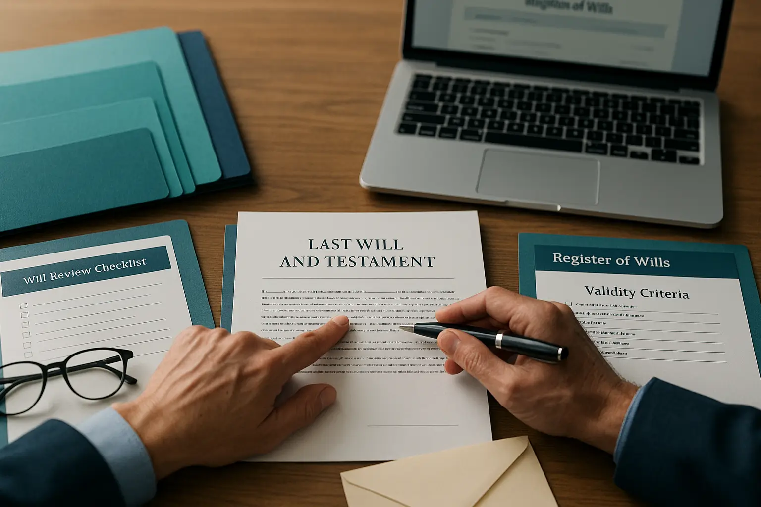 Editorial image showing an executor reviewing a Last Will and Testament with teal and deep blue branded estate folders, will checklists, and hands pointing to key sections to represent guidance on will questions in Pennsylvania probate.