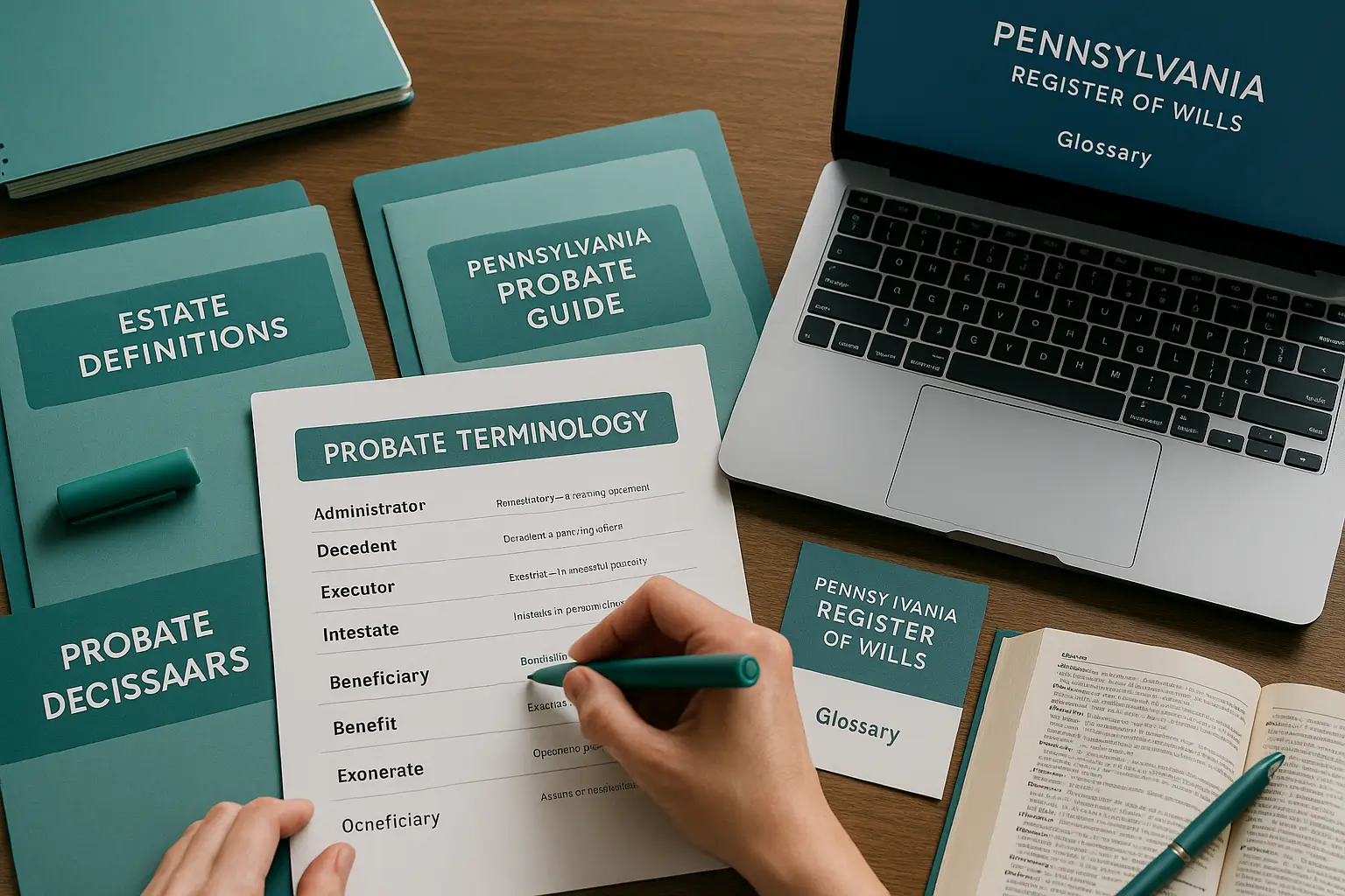 Editorial image of a probate terminology workspace showing Pennsylvania estate documents, teal and deep blue branded folders, glossary sheets, and a laptop to represent a clear guide to Pennsylvania probate terms.