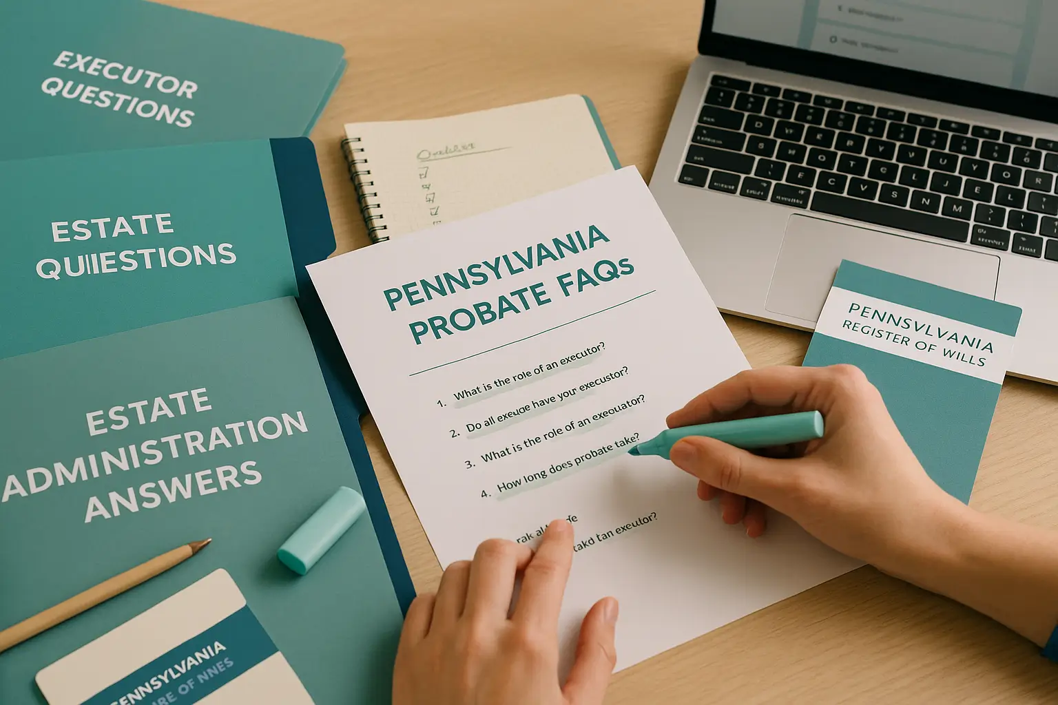 Editorial image showing Pennsylvania probate FAQ documents, teal and deep blue branded folders, a laptop with a blurred FAQ screen, and hands reviewing questions to represent clear guidance for Pennsylvania executors.