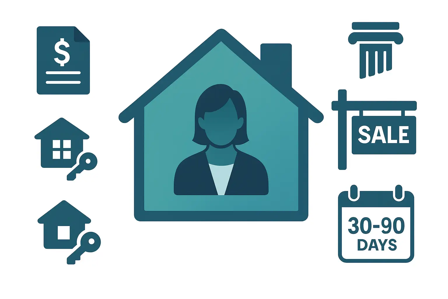 PA Probate Help illustration showing property sale implications for a surviving spouse including reasonable time to vacate coordination with elective share rights and delays to secure new housing using teal and navy brand colors on a white background.