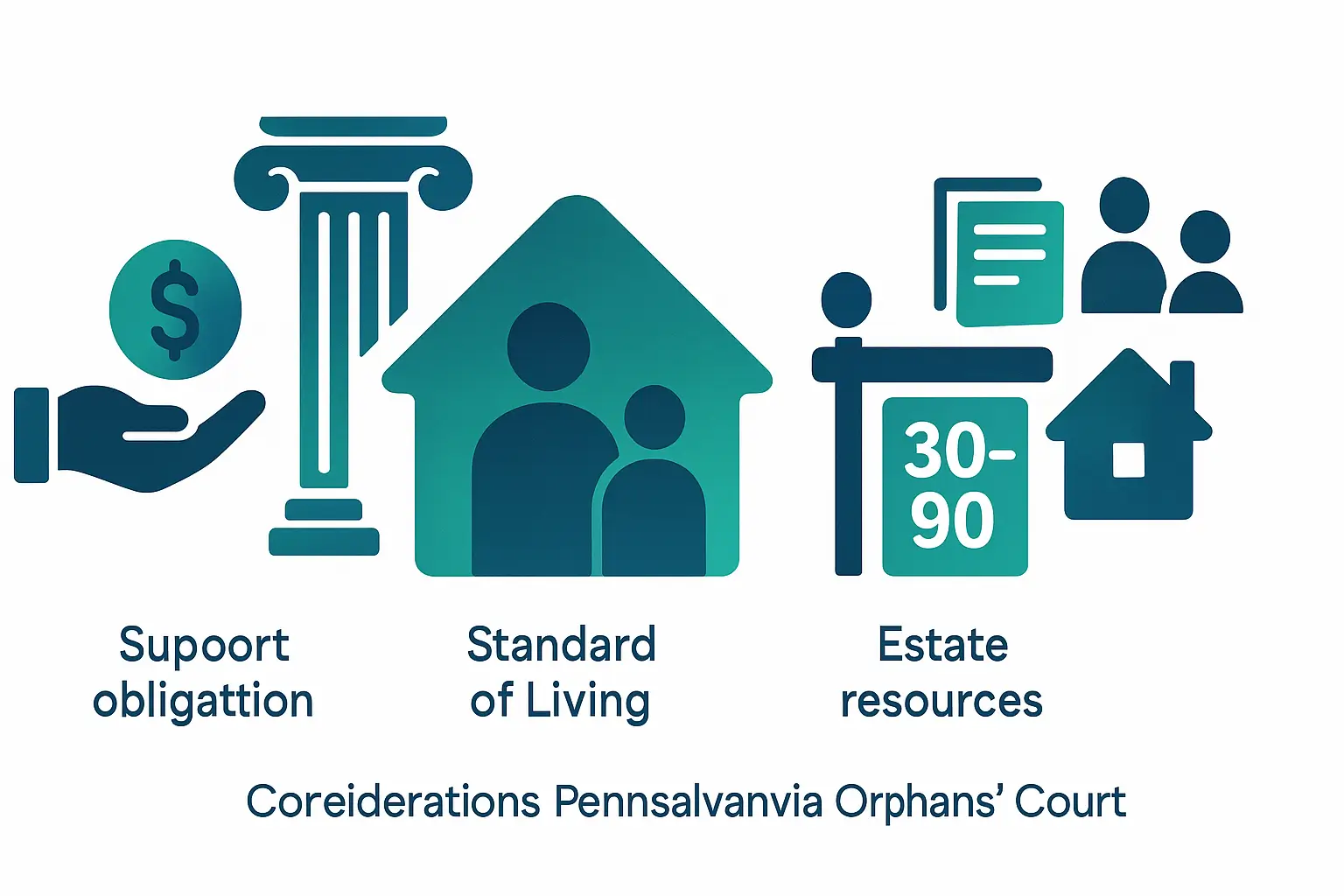 PA Probate Help illustration showing what courts consider when granting temporary support including the deceaseds prior support obligations the familys standard of living estate resources and other beneficiaries interests using teal and navy brand colors on a white background.