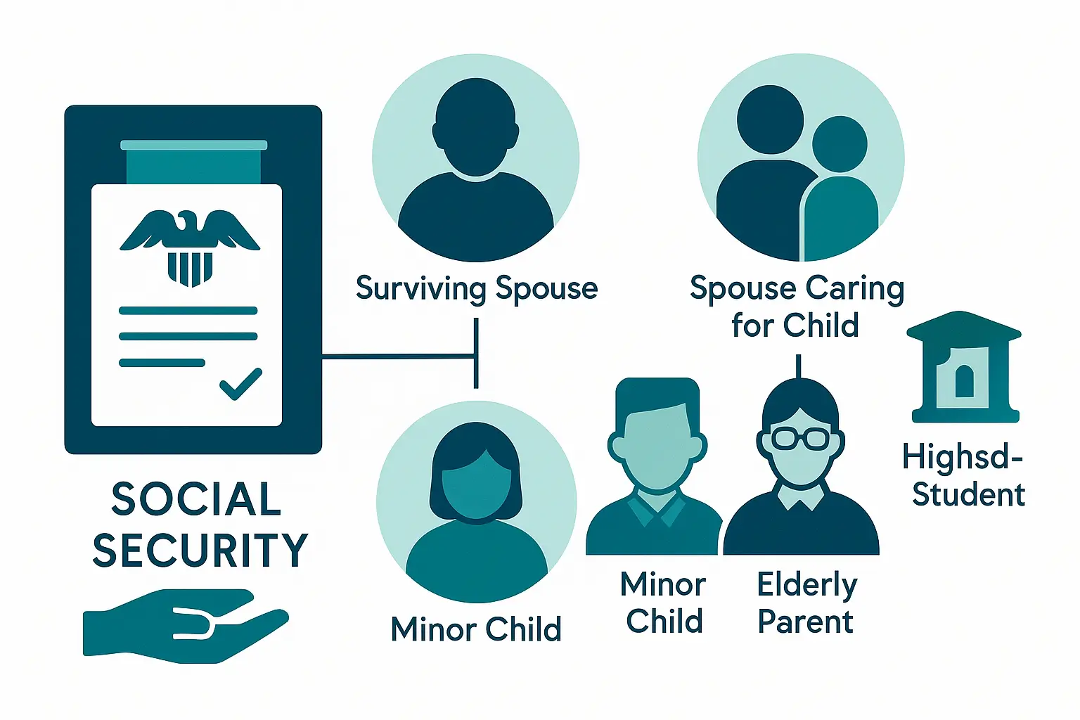 PA Probate Help illustration showing Social Security survivor benefits available to a surviving spouse minor children students and dependent parents using teal and navy brand colors on a white background.
