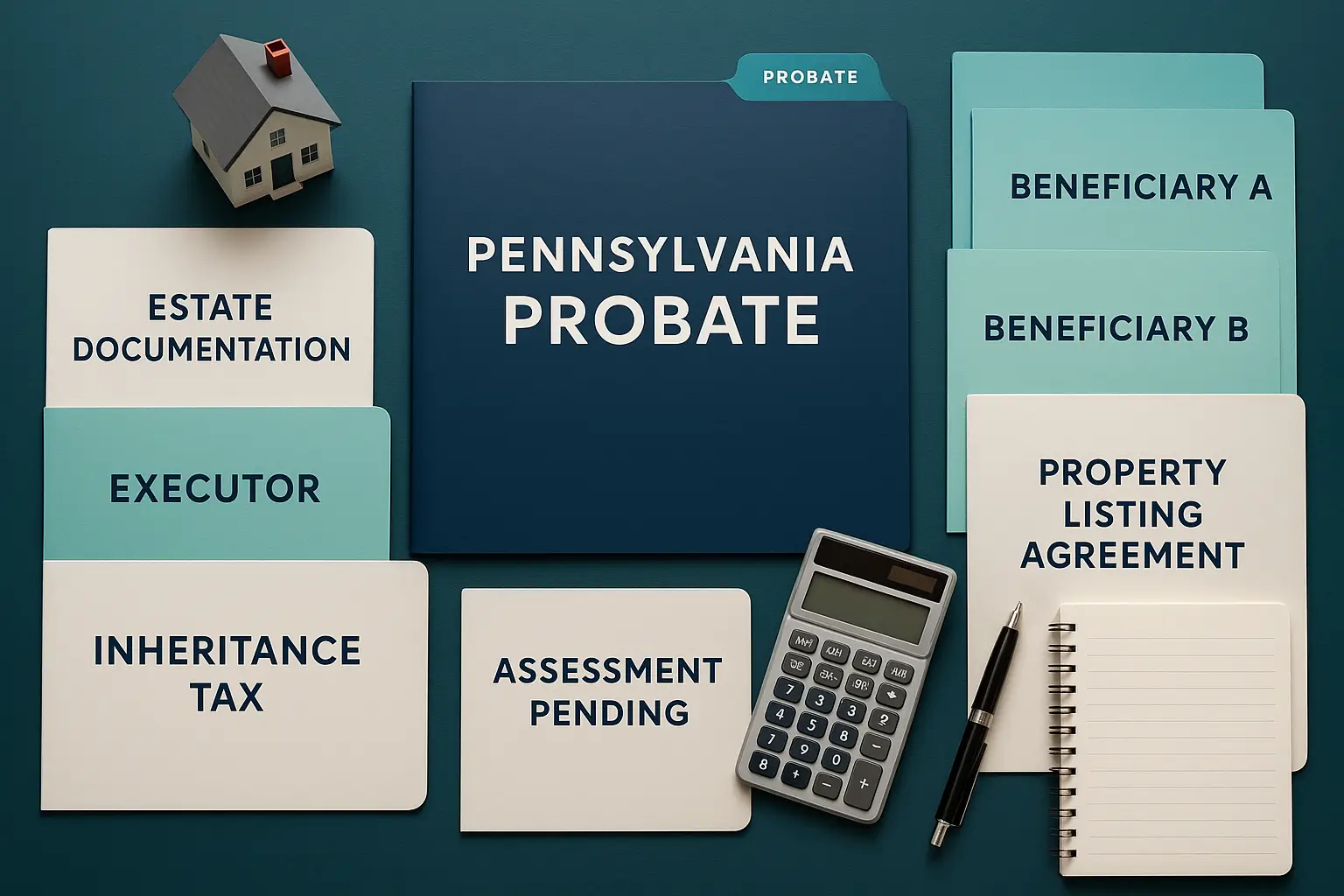 Flat lay workspace showing probate documents, estate folders, calculator, and a model house arranged neatly in Certified Probate Real Estate Specialists brand colors for the Pennsylvania probate process guide.