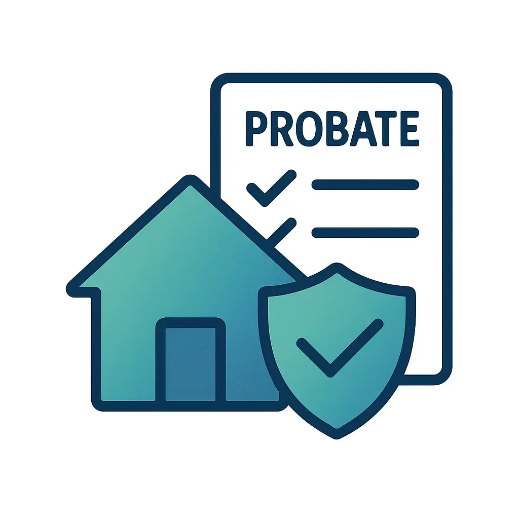 Icon showing a probate house and preparation checklist in PA Probate Help brand colors, representing real estate preparation and sale assistance.