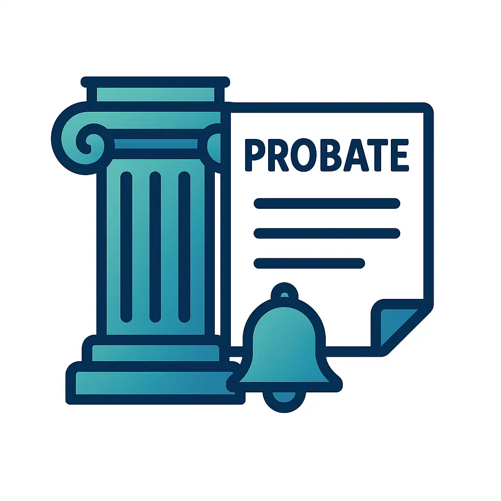 Icon showing a courthouse column, a probate filing document, and a notification bell designed in PA Probate Help brand colors, representing support with court filings and notices.