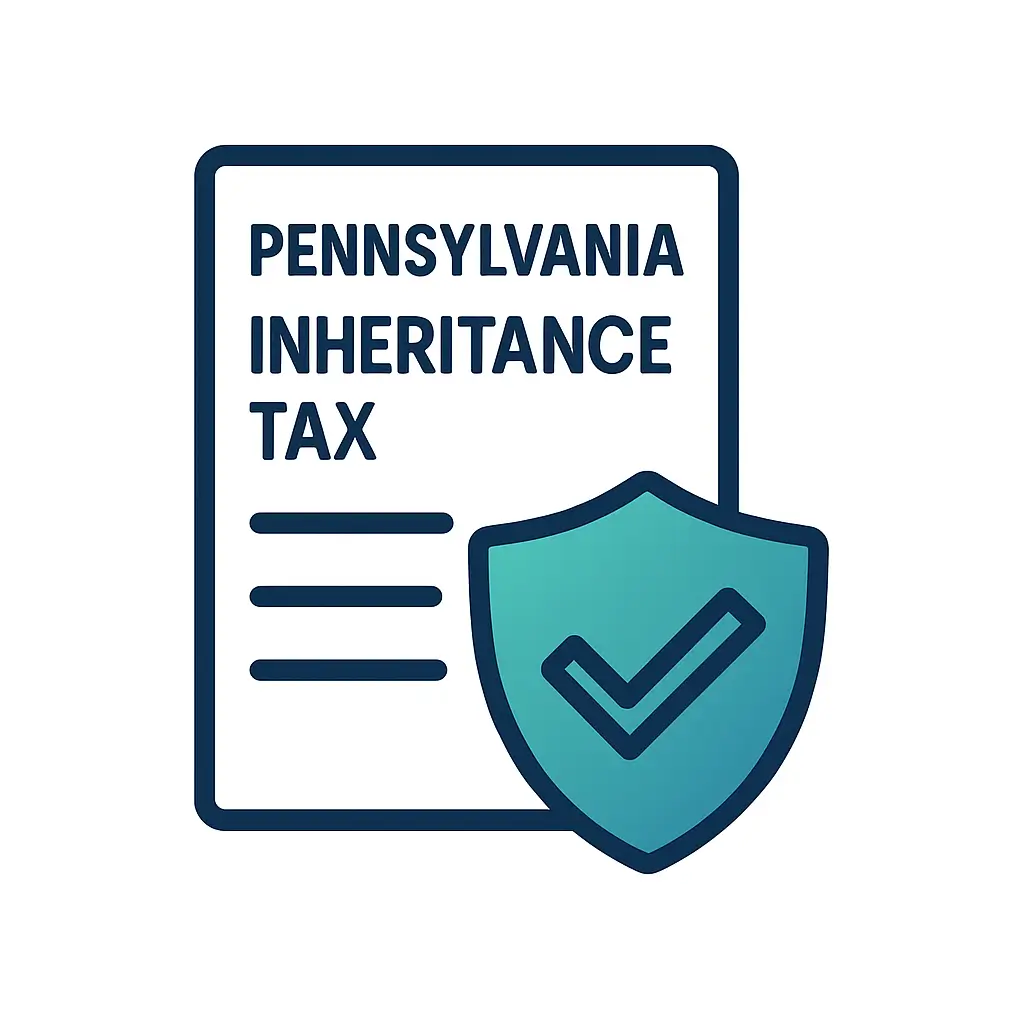 Illustration of a Pennsylvania Inheritance Tax form with a protective shield in PA Probate Help brand colors, symbolizing support with inheritance tax requirements.