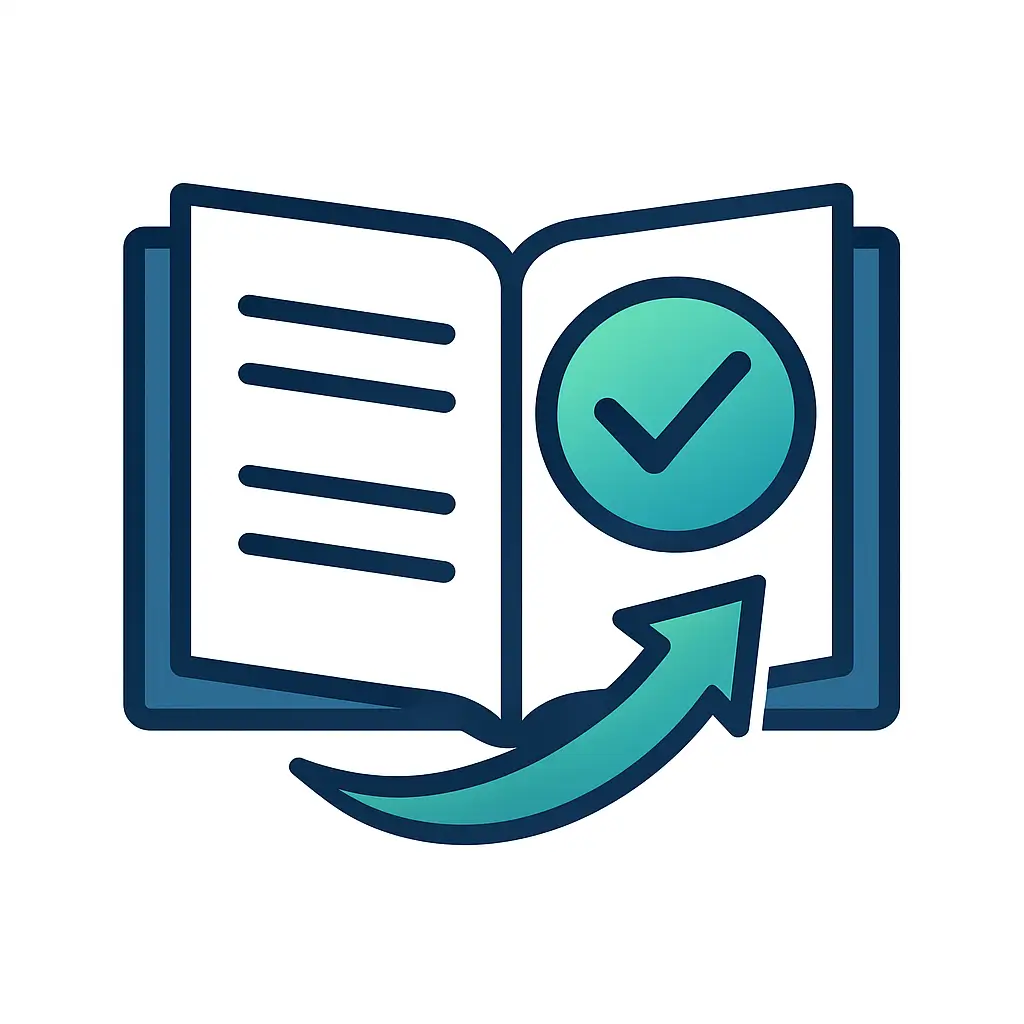 Illustration of an open instruction booklet with a checkmark and guiding arrow in PA Probate Help brand colors, representing clear instructions and guidance for probate support.