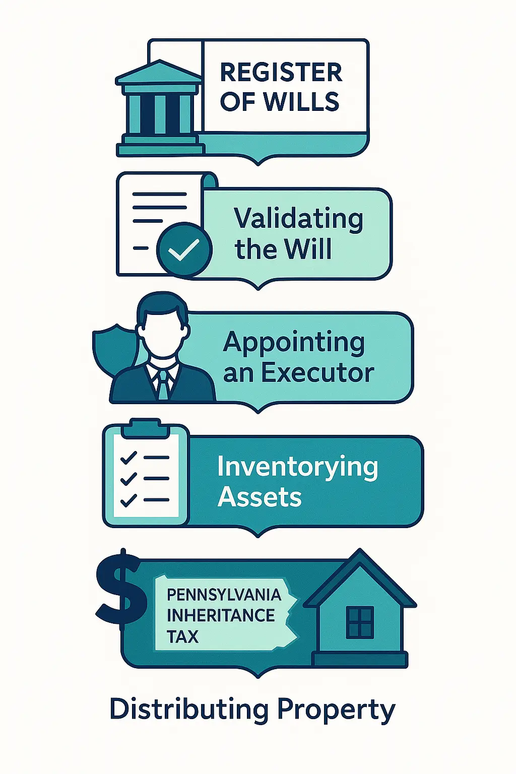 Vertical illustration showing a step-by-step overview of the Pennsylvania probate process with icons for will validation, executor appointment, asset inventory, taxes, and property distribution, designed in PA Probate Help brand colors in a 7:4 layout.