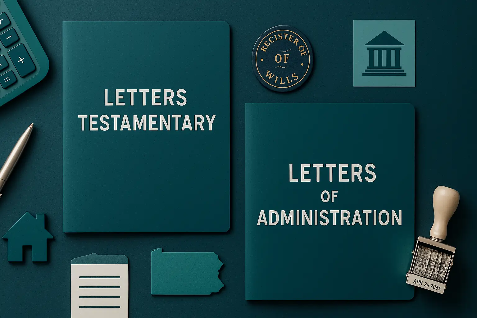 Flat-lay probate workspace showing Letters Testamentary and Letters of Administration folders with calculator, pen, and Pennsylvania cutout in Certified Probate Support brand colors.