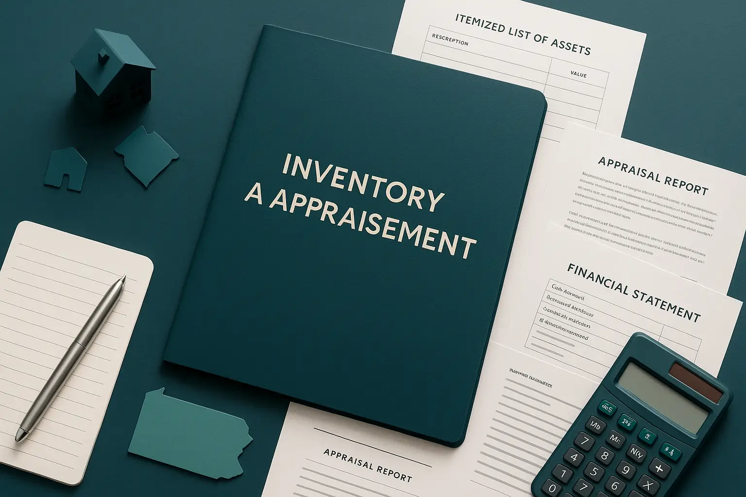 Flat-lay probate workspace featuring an Inventory and Appraisement folder with valuation documents, calculator, house model, and Pennsylvania cutout in PA Probate Help brand colors.