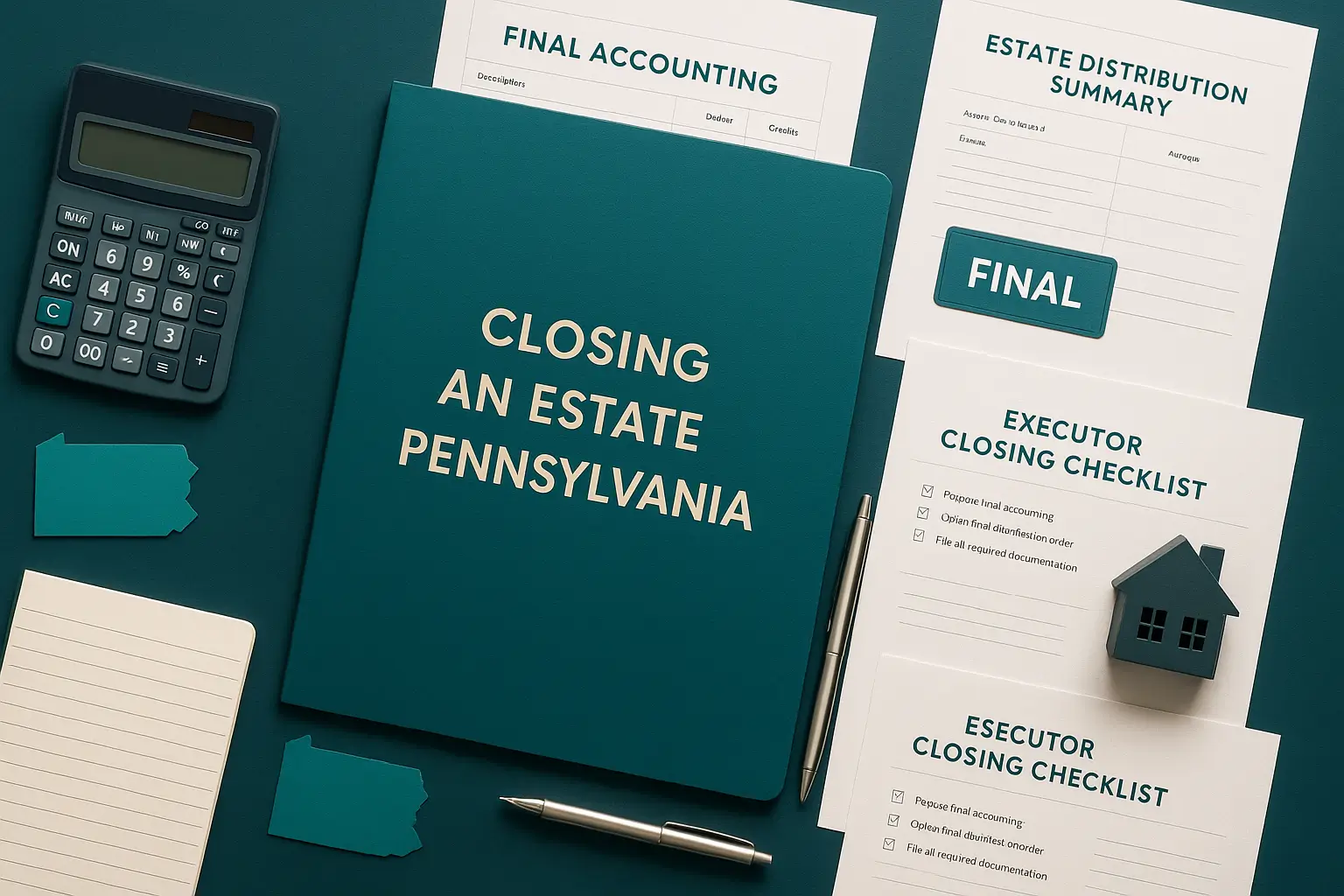Flat-lay probate workspace showing a Closing an Estate in Pennsylvania folder with final accounting documents, calculator, pen, house model, and Pennsylvania cutout in Certified Probate Support brand colors.