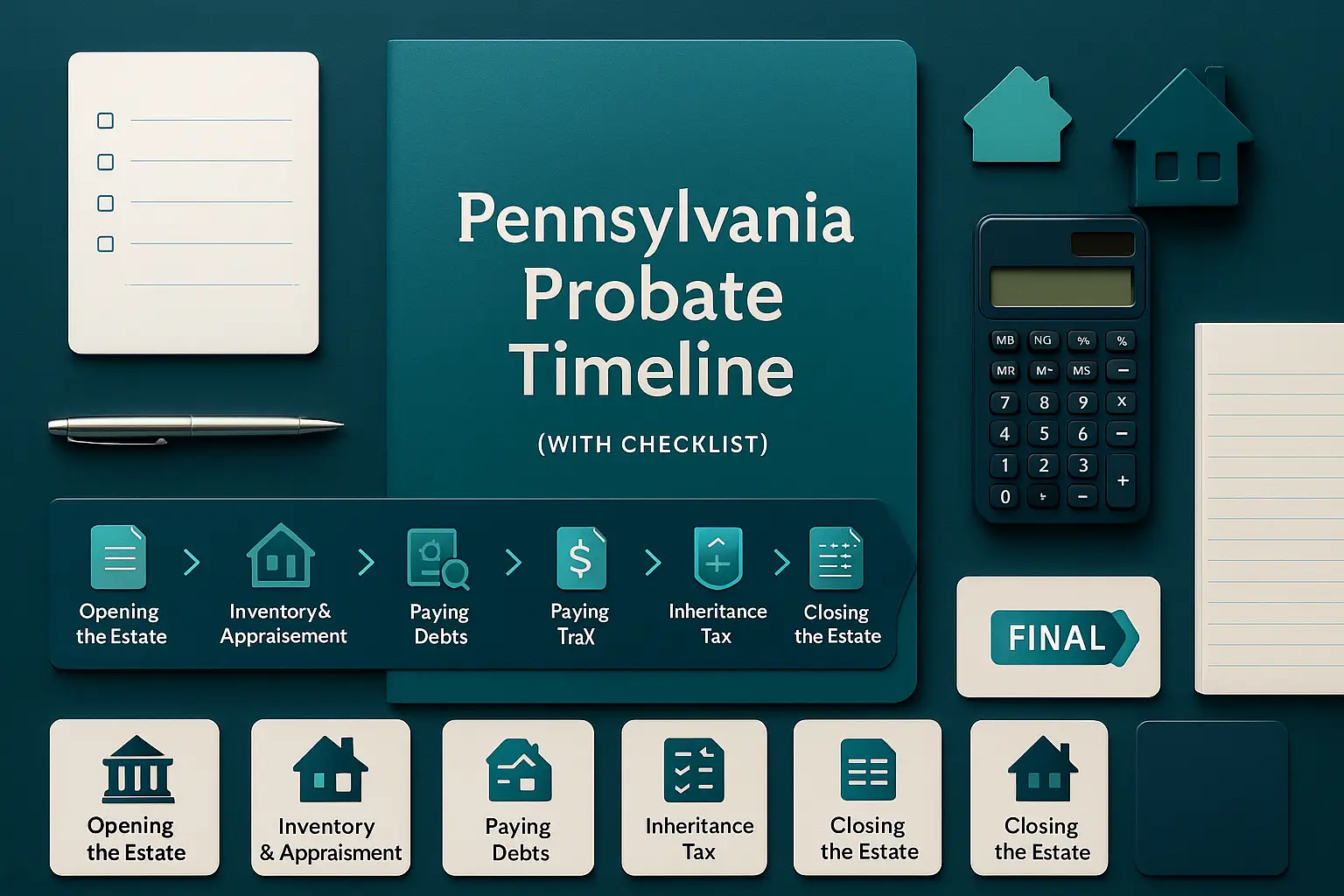 Flat-lay probate workspace showing a Pennsylvania Probate Timeline folder with checklist, timeline elements, calculator, pen, house model, and Pennsylvania cutout in Certified Probate Support brand colors.
