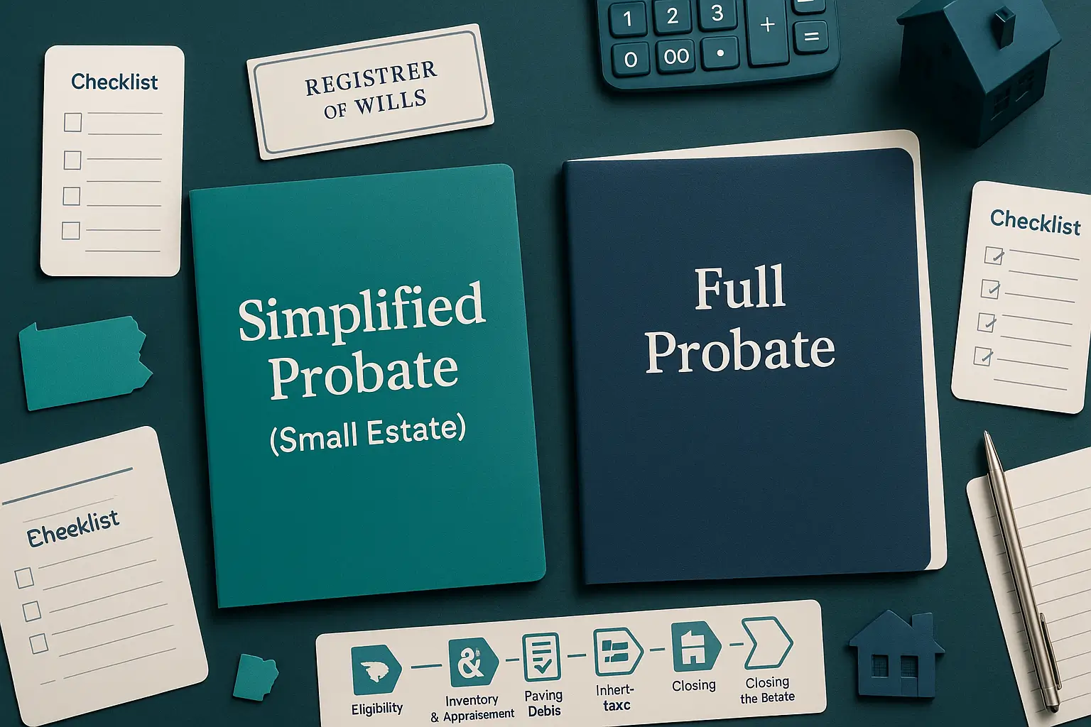 Flat-lay probate workspace showing Simplified Probate and Full Probate folders with comparison checklists, calculator, pen, house model, and Pennsylvania cutout in Certified Probate Support brand colors.