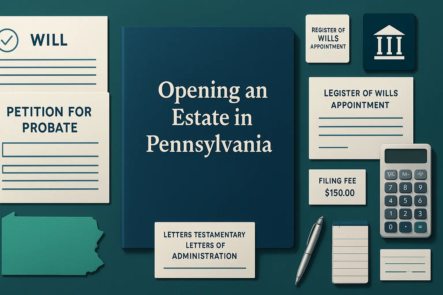 Flat-lay workspace image showing Opening an Estate in Pennsylvania materials including a verified will, petition for probate, Register of Wills appointment card, Letters Testamentary, filing fee receipt, and Pennsylvania cutout in Certified Probate Support brand colors.