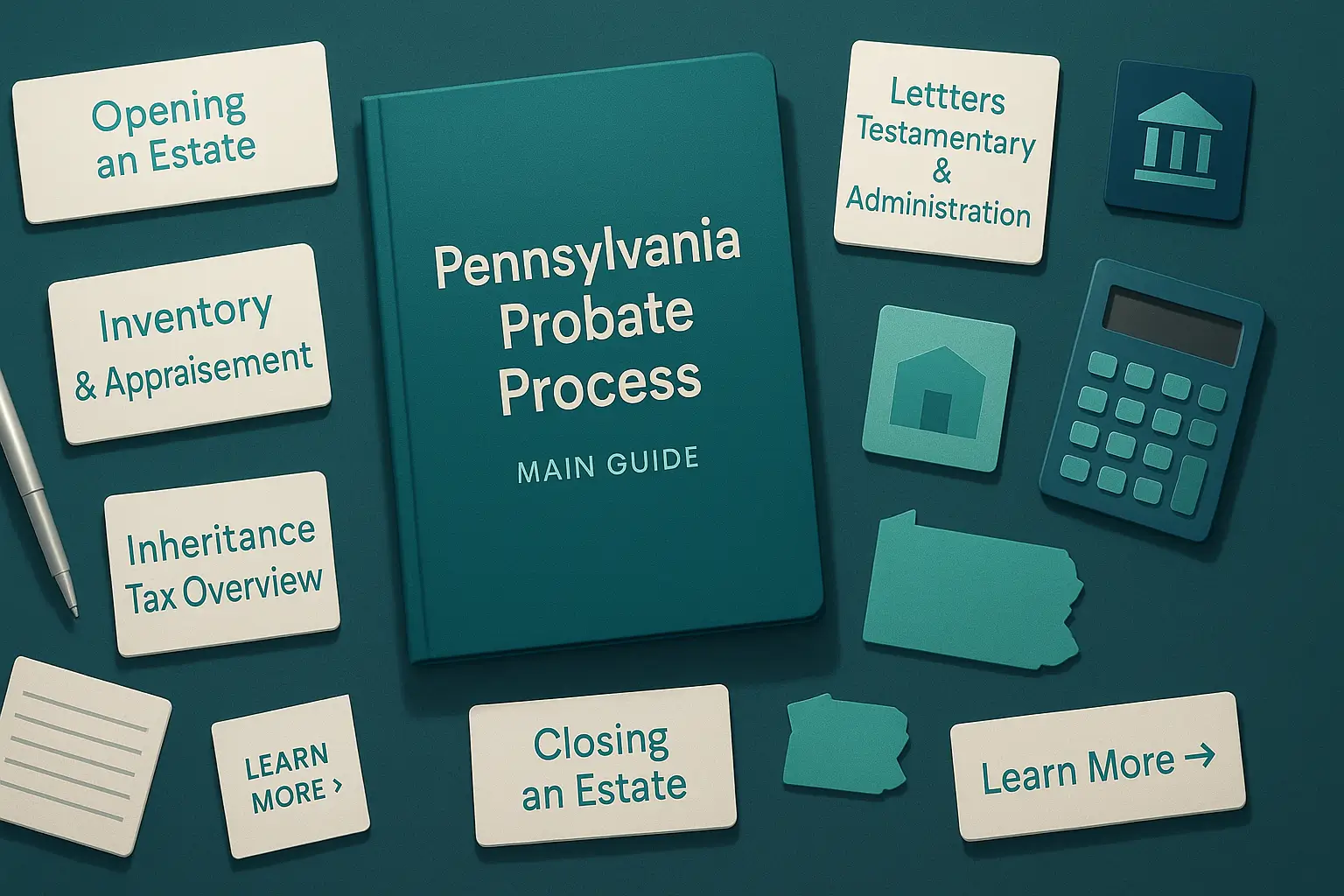 Flat-lay probate workspace image showing a Pennsylvania Probate Process Main Guide folder surrounded by related guide cards and probate resource elements in Certified Probate Support brand colors.