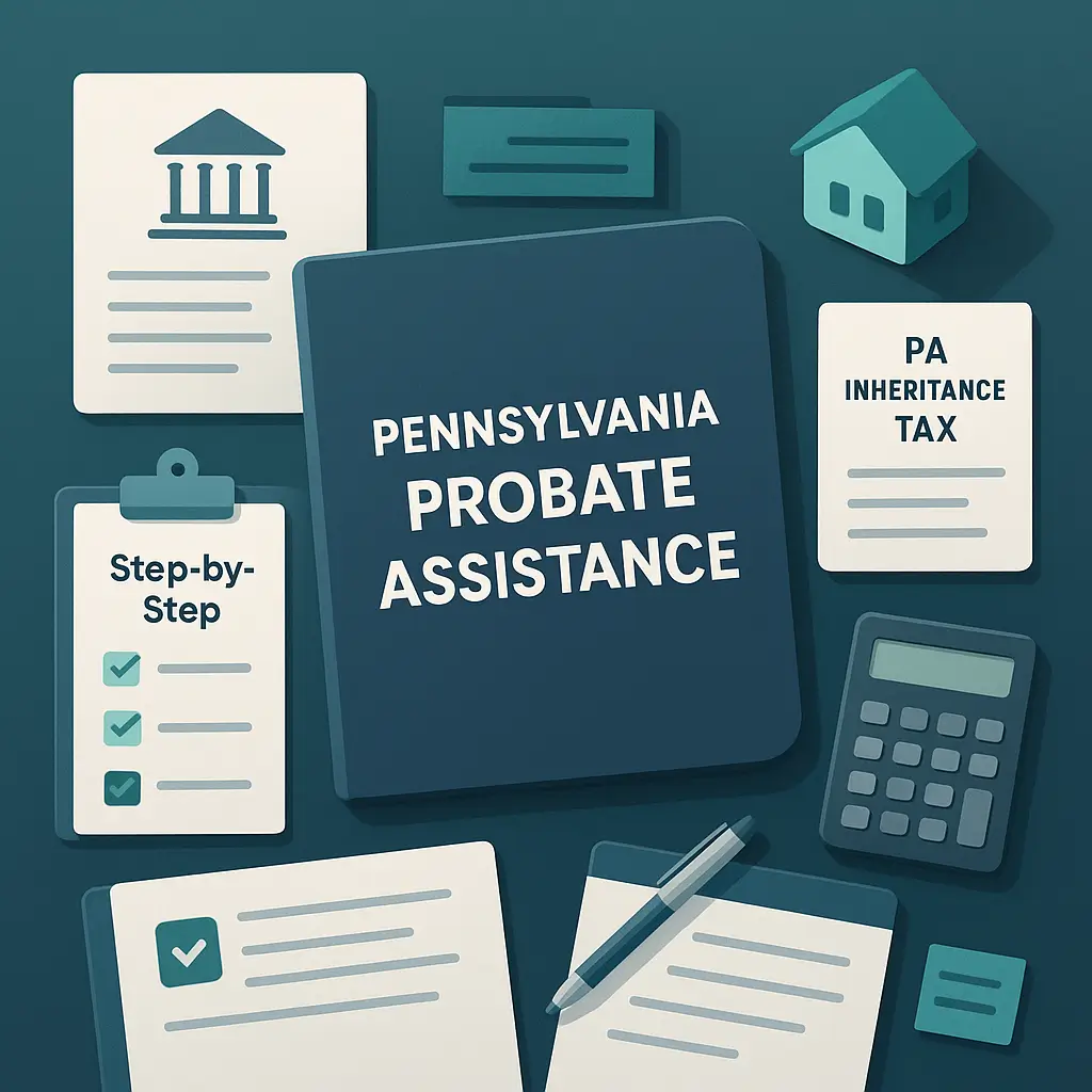 Editorial workspace illustration showing organized estate documents, tax forms, probate checklists, and real estate elements representing how PA Probate Help assists executors through the Pennsylvania probate process.