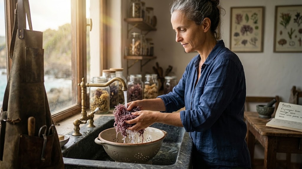 Lola dermonutricion piel sana en una cocina limpiando algas imagen IA