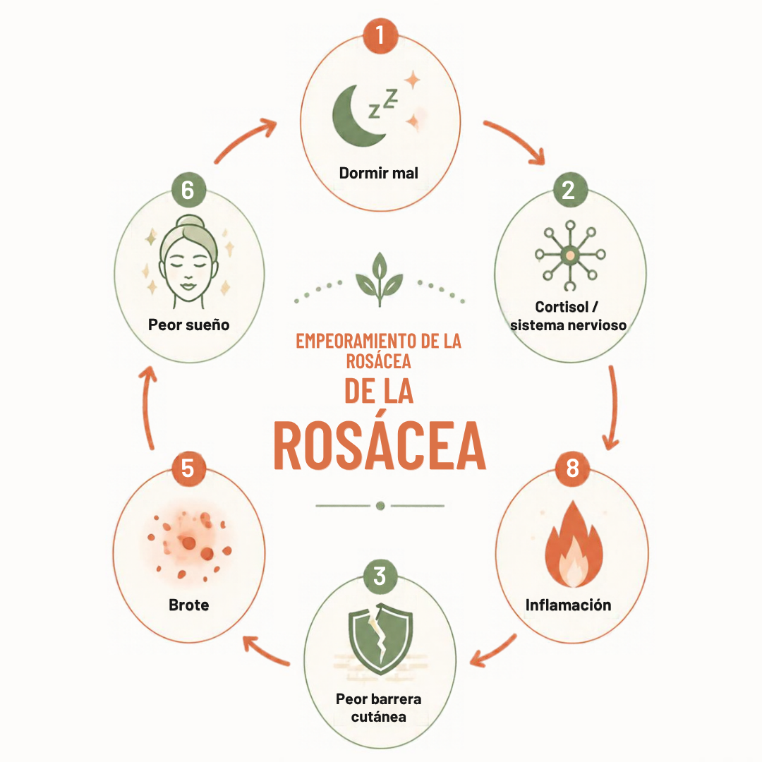Ciclo de empeoramiento de la rosácea por disrupción del sueño: (dormir mal → cortisol/sistema nervioso → inflamación → peor barrera → brote → peor sueño)