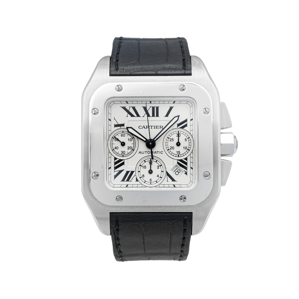 Cartier Santos 100 XL Chronograph W20090X8, silver opaline dial, black alligator strap
