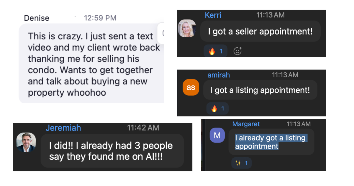 Screenshots of student messages: a client thanking one agent after a text video, and four agents reporting new seller and listing appointments, including one who had three people say they found him through AI