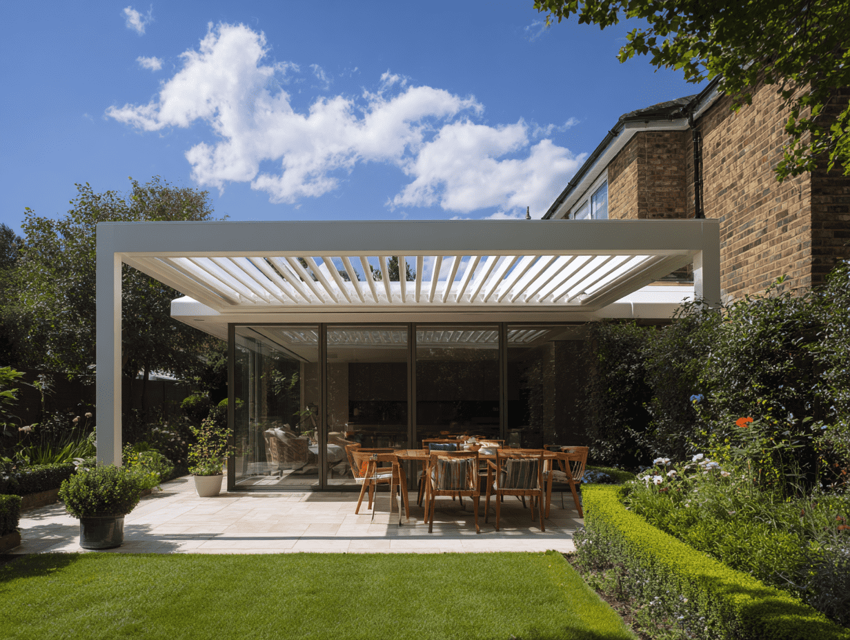 Pergola design sur mesure intégrée à une maison belge