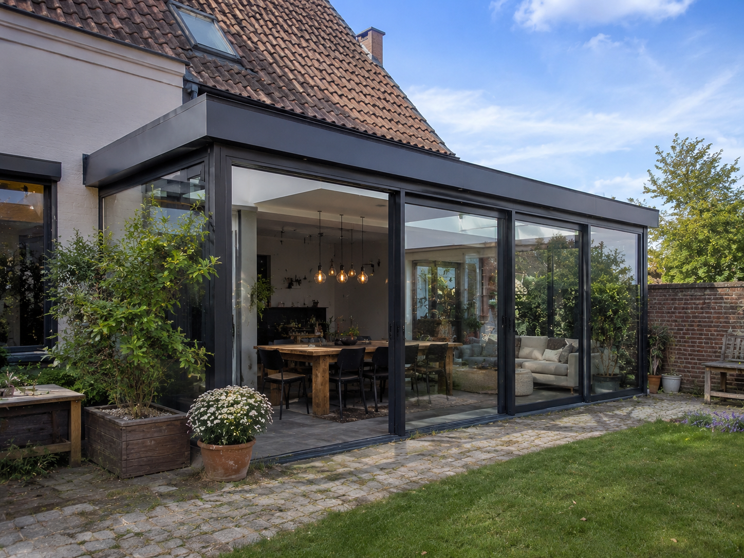 Véranda design sur mesure intégrée à une maison belge