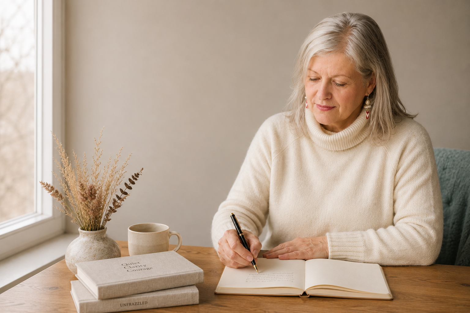 Lisa writing in a notebook beside a window in natural light