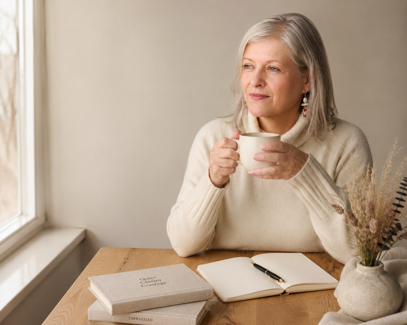 Lisa Negus, founder of Unfrazzled, sitting with a coffee and notebook by a window