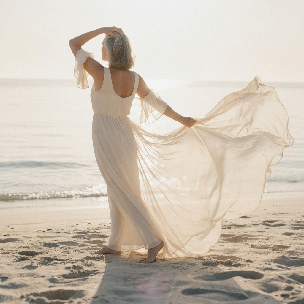Woman standing on a shoreline with flowing fabric