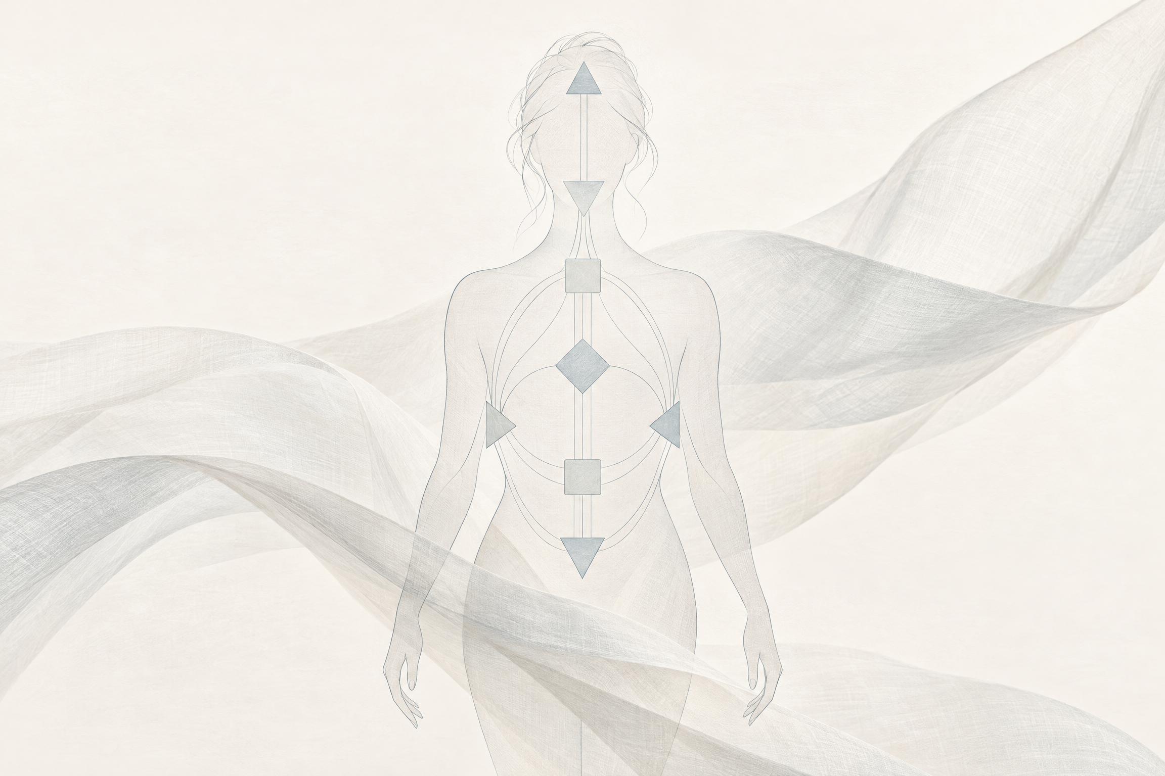 A delicate Human Design-inspired outline over soft fabric in muted blue-grey.