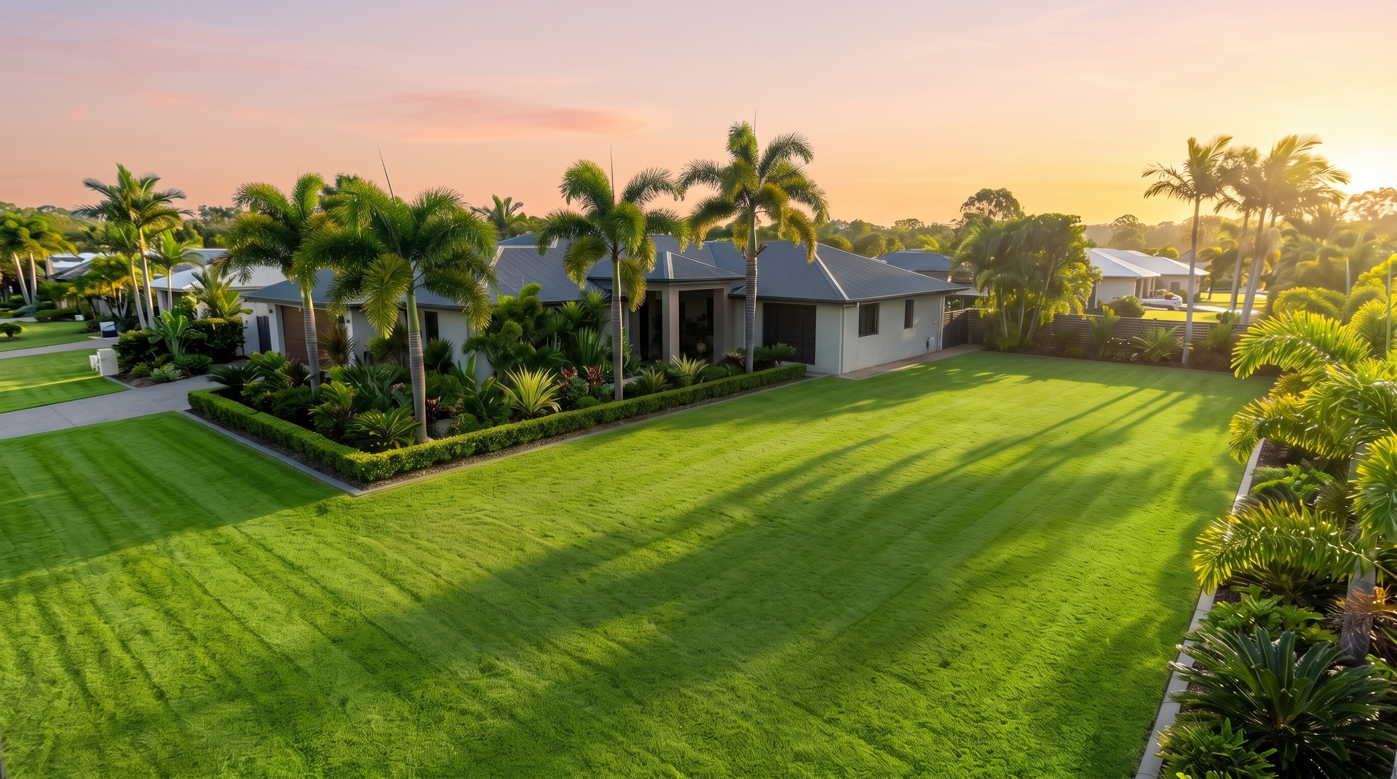 Manicured lawn and garden maintained by J.A.H Garden and Property Care on the Sunshine Coast