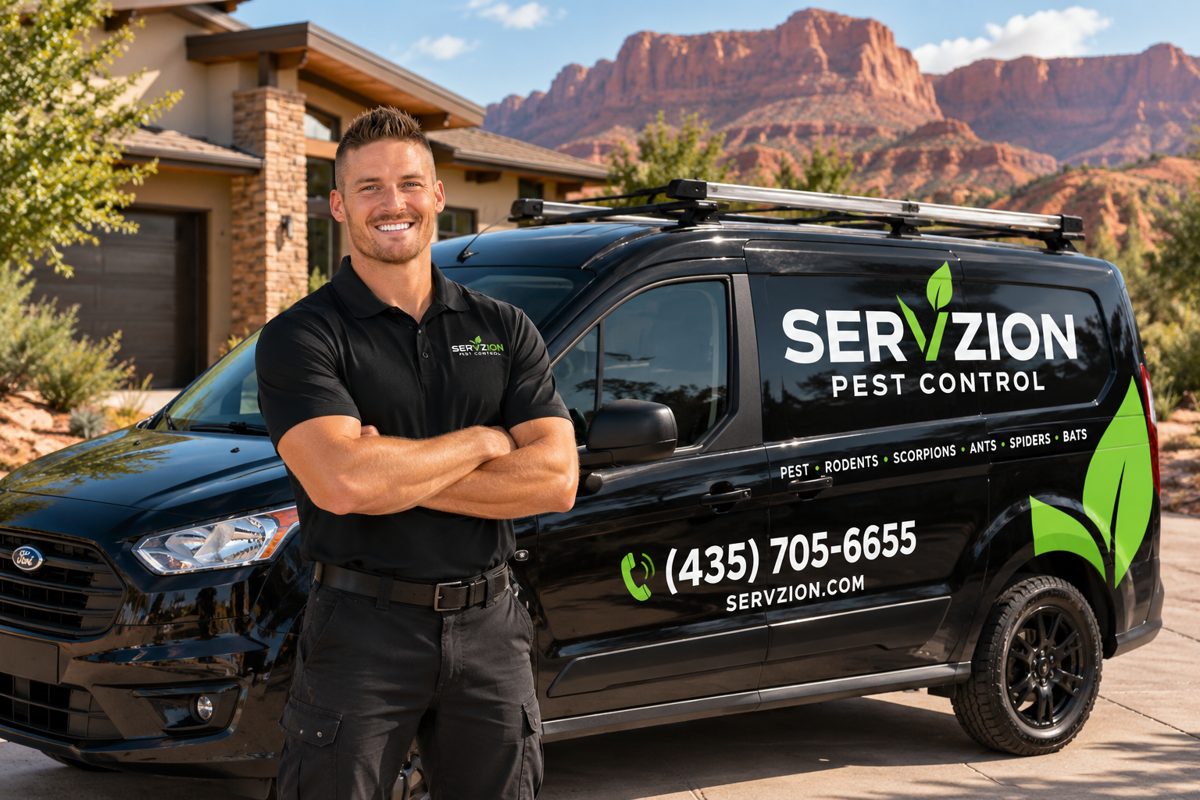 Eric Canfield, owner of SERVZION Pest Control, with the SERVZION service van in Southern Utah