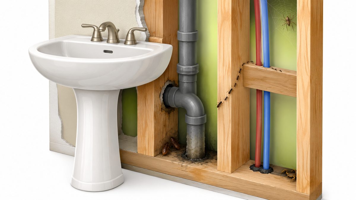 Cutaway of a bathroom wall showing pests hiding in the wall void behind a sink, where SERVZION applies in-wall treatments