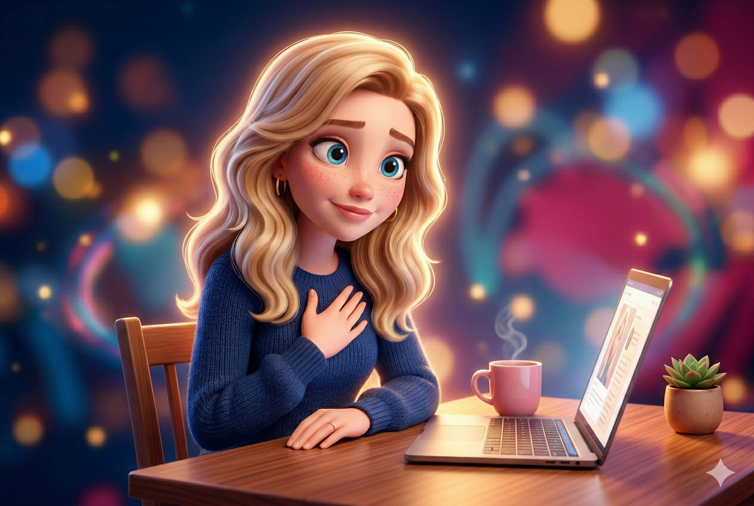 Cartoon woman with hand on her heart in front of her laptop